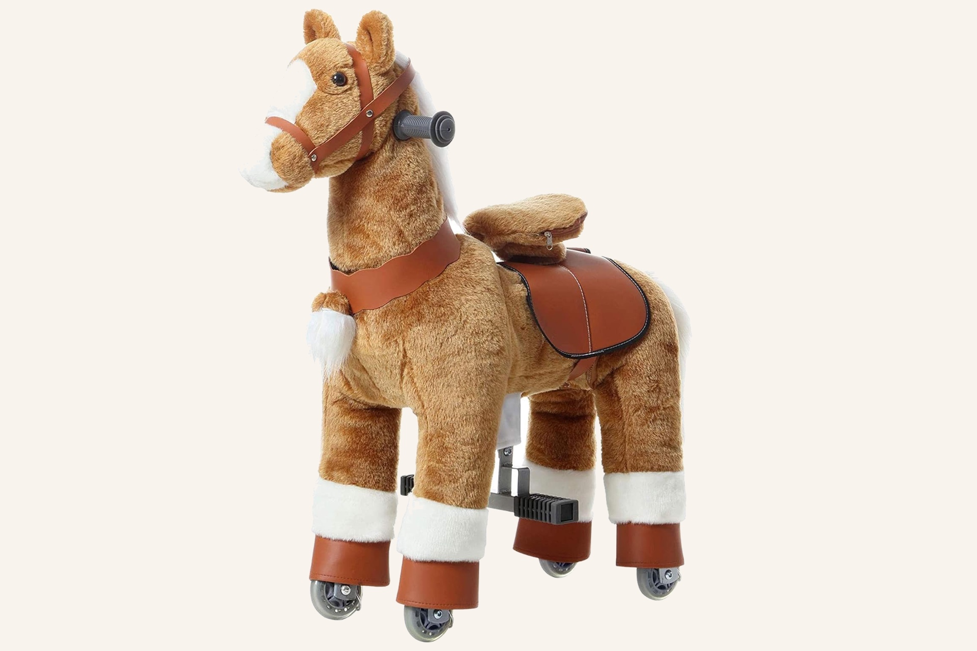 Plush toy horse on wheels for children to ride